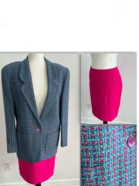 Vintage Plaid Blazer & Hot Pink Skirt Set / Customized for Style & Colours